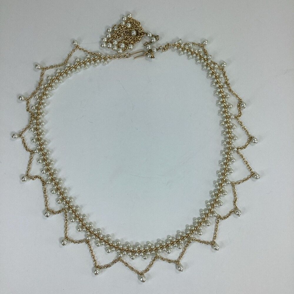 Vintage White Plastic Pearl Bead Necklace Gold Chain Dip Point Design Handmade
